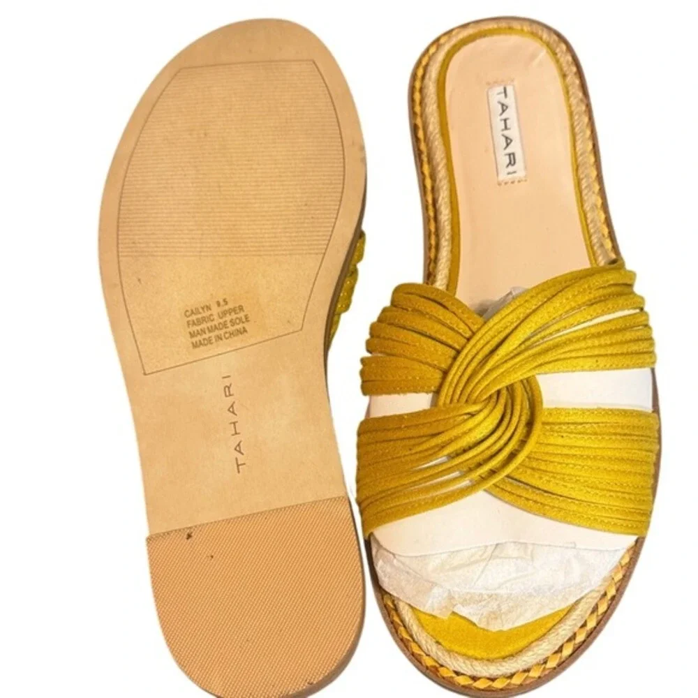 Tahari Cailyn‎ Mustard Yellow Knotted Multi Strap Flat Slide Sandals Size 9.5
